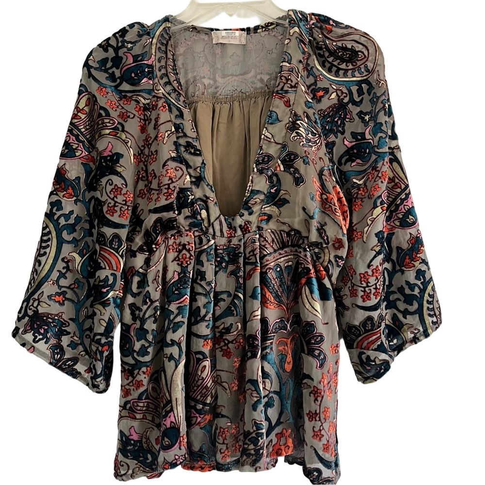 Altar'd State Vibrant Paisley Blouse Women’s Small 3/4 Sleeve V Neck Babydoll